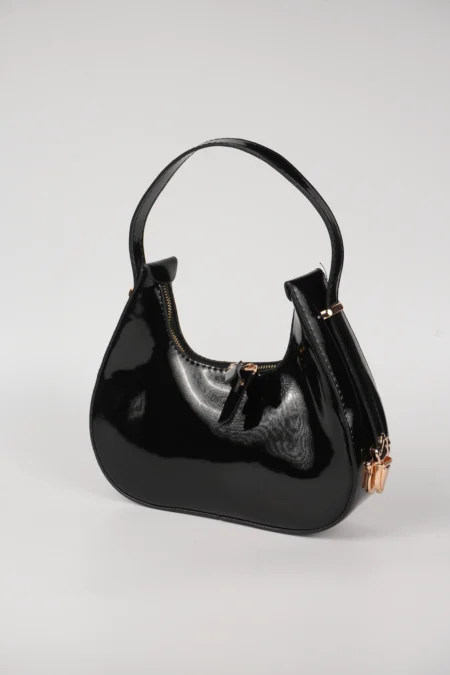 Siyah Rugan Hobo Baget Çift Yön Fermuarlı Özel Kilit Askılı El Kol Omuz Çantası