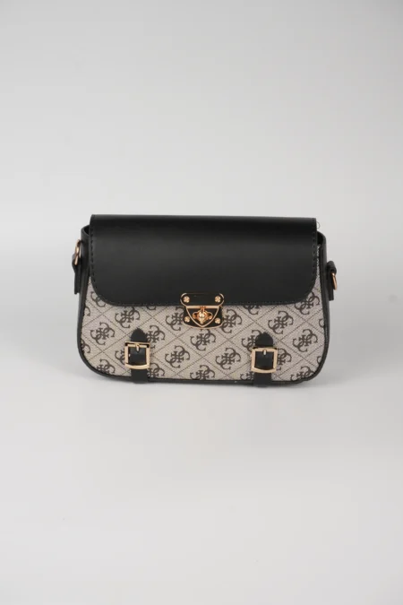 Desenli Ön Yüzeyi ve Gold Metal Kilit Detaylı Omuz Askılı Çanta