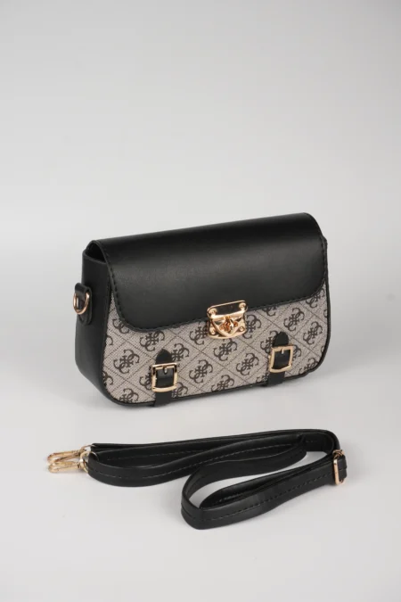 Desenli Ön Yüzeyi ve Gold Metal Kilit Detaylı Omuz Askılı Çanta