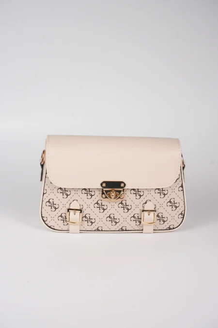 Desenli Ön Yüzeyi ve Gold Metal Kilit Detaylı Omuz Askılı Çanta