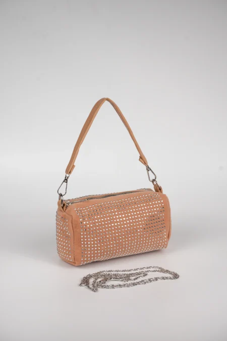 Kadın Taş Detaylı Silindir Mini El ve Omuz Askılı Çanta