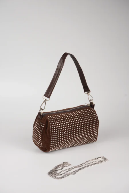 Kadın Taş Detaylı Silindir Mini El ve Omuz Askılı Çanta