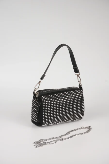 Kadın Taş Detaylı Silindir Mini El ve Omuz Askılı Çanta