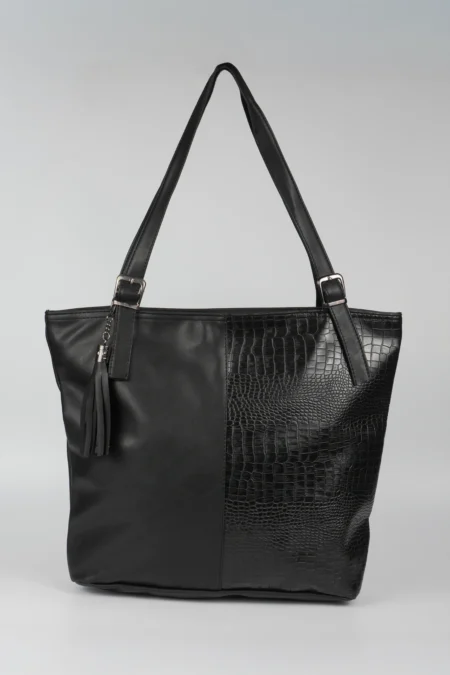 Kadın Siyah Kroko Desen Büyük Boy El Kol ve Omuz Çantası